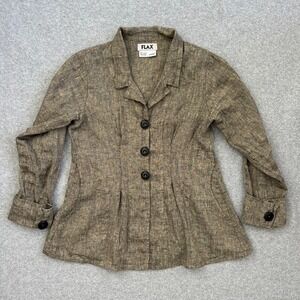FLAX Jacket Shirt Womens Petite Brown Linen Button Up Lagenlook Pleated Boho